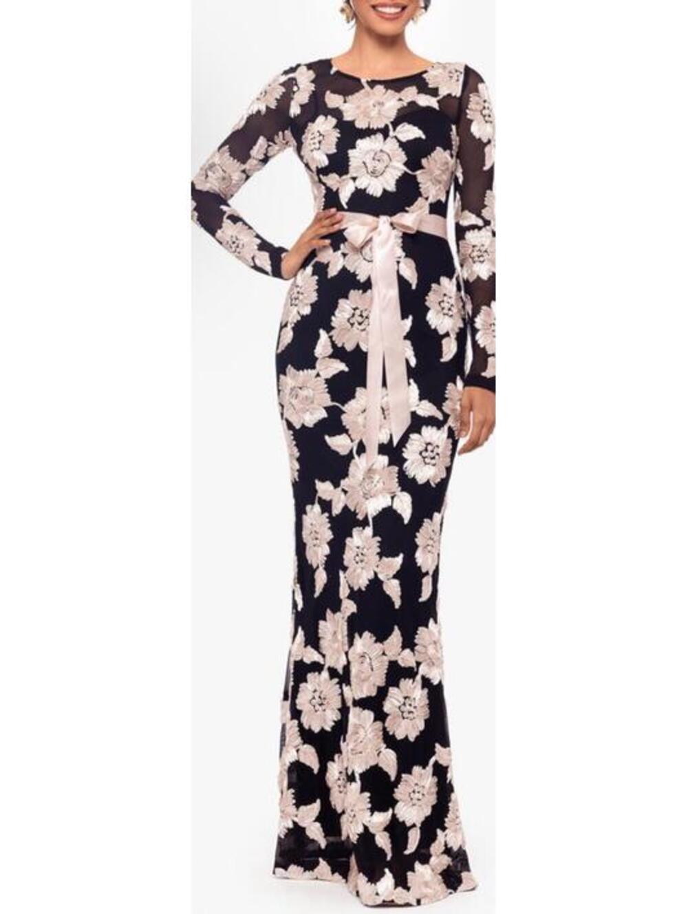 New Betsy & Adam Floral Appliqué Long Sleeve Dress In Black/ Nude Size 8